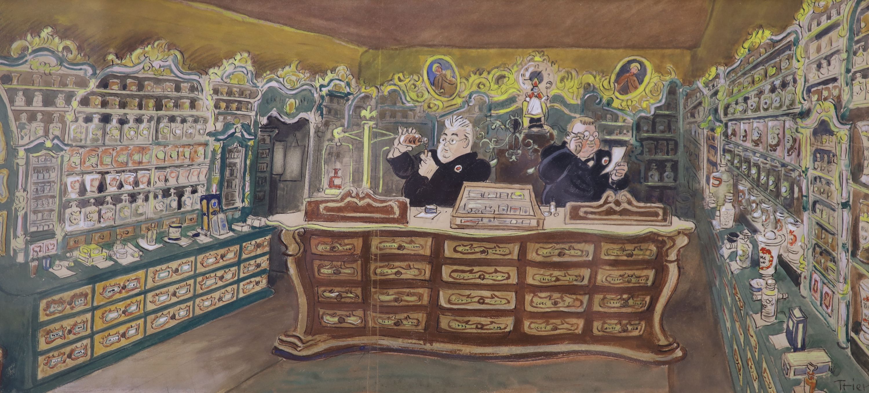 Walter Trier (1890-1951), ink and watercolour, Apothecary shop interior, signed, 28 x 62cm